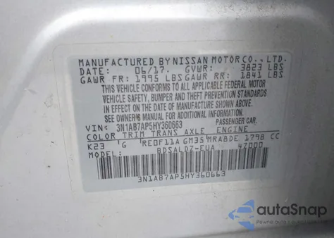 2017 Nissan Sentra Sv из США, поврежденный, VIN 3N1AB7AP5HY360663